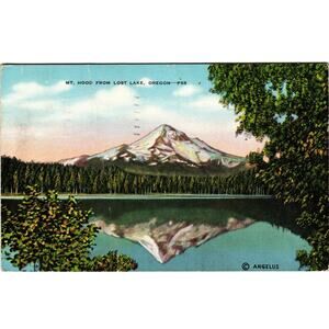 Vintage Mt Hood from Lost Lake Oregon Postcard Color Scenic View Angelus